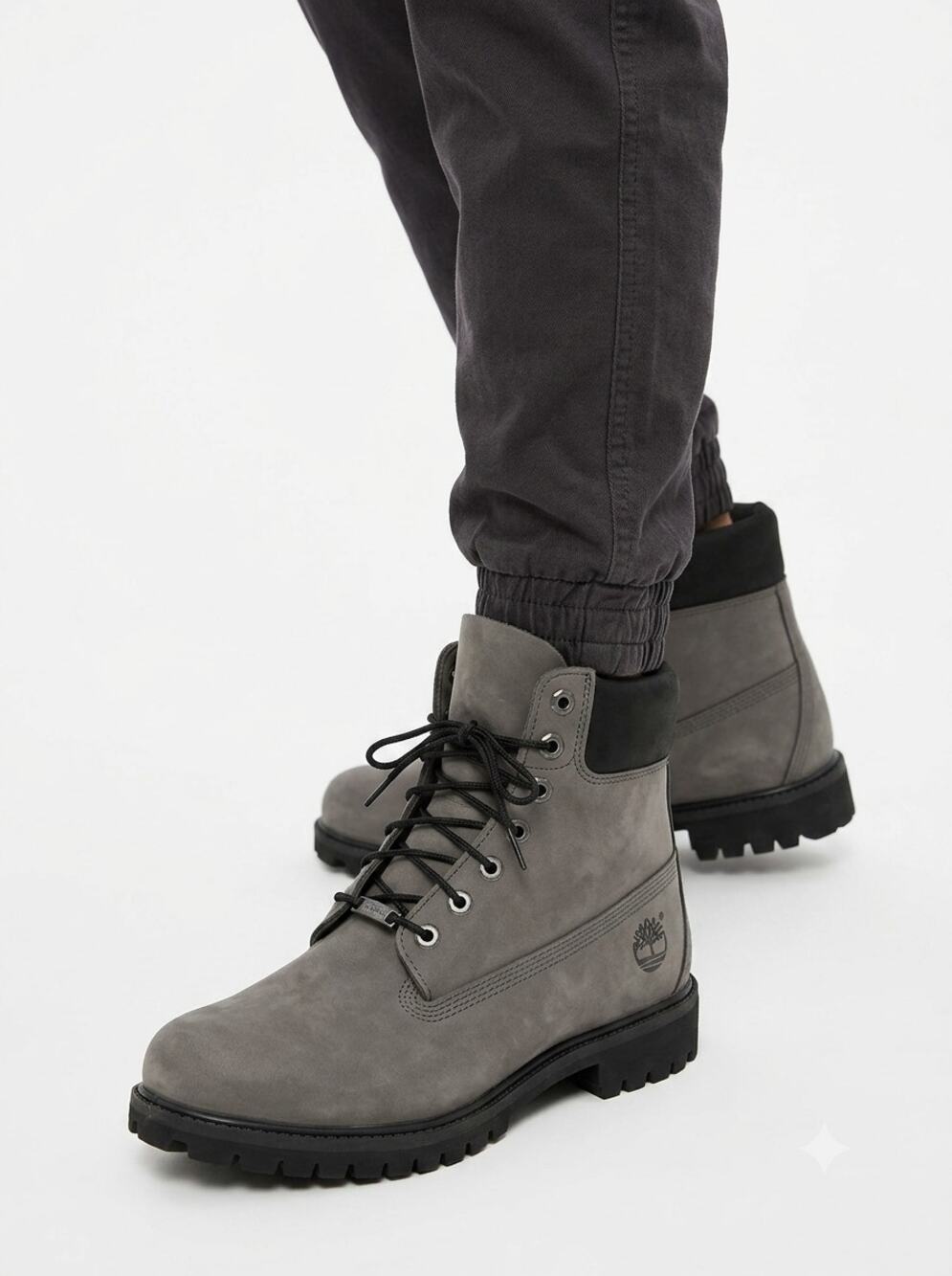 Timberland 6" Premium Waterproof Boots Mens 8.5M Gray Suede Mid Top Lace UP Logo